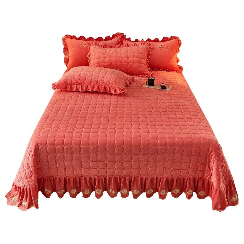 Thick Velvet Bedspread and Pillowcase Queen King Double Coverlet Quilted Soft Bed Sheet Embroidery Ruffle Skirt