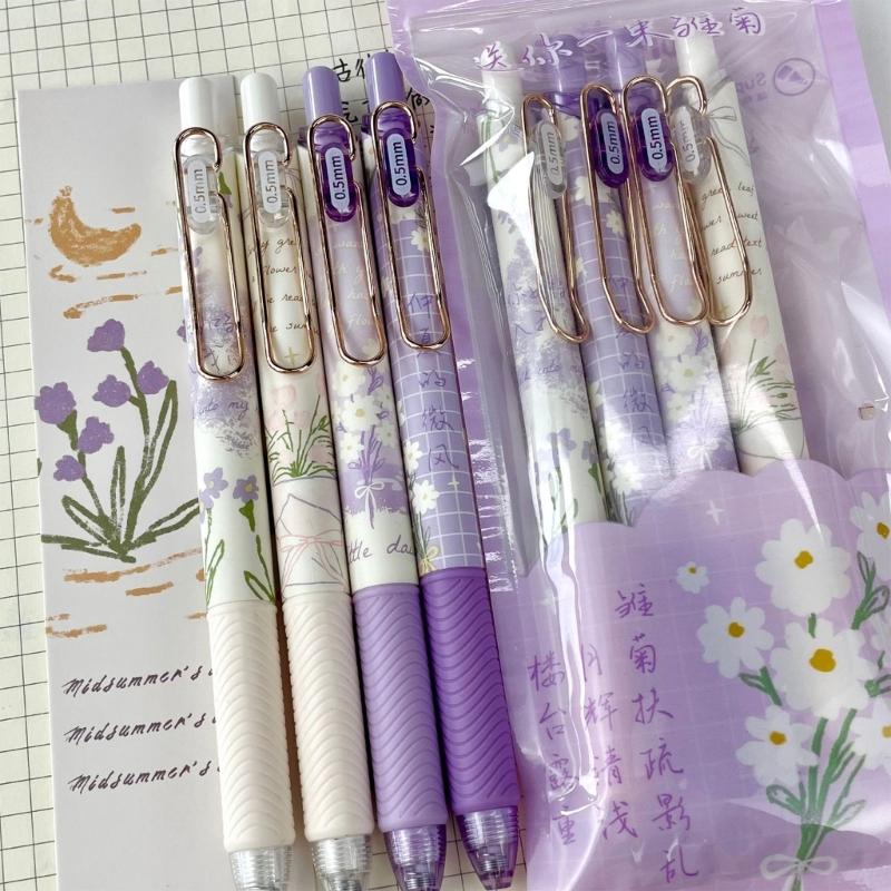 4PCS Flower Print Gel Inks Pen Retractable Gel Pen with Metal Clip Ergonomic Grip 0.5MM Tip Black Inks for Office School