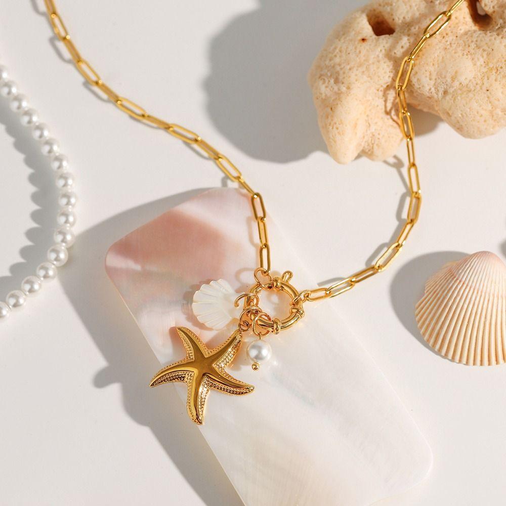 Handmade Ocean Style Necklace Sea Star Pearl Starfish Neck Chain  Female Lady Girl