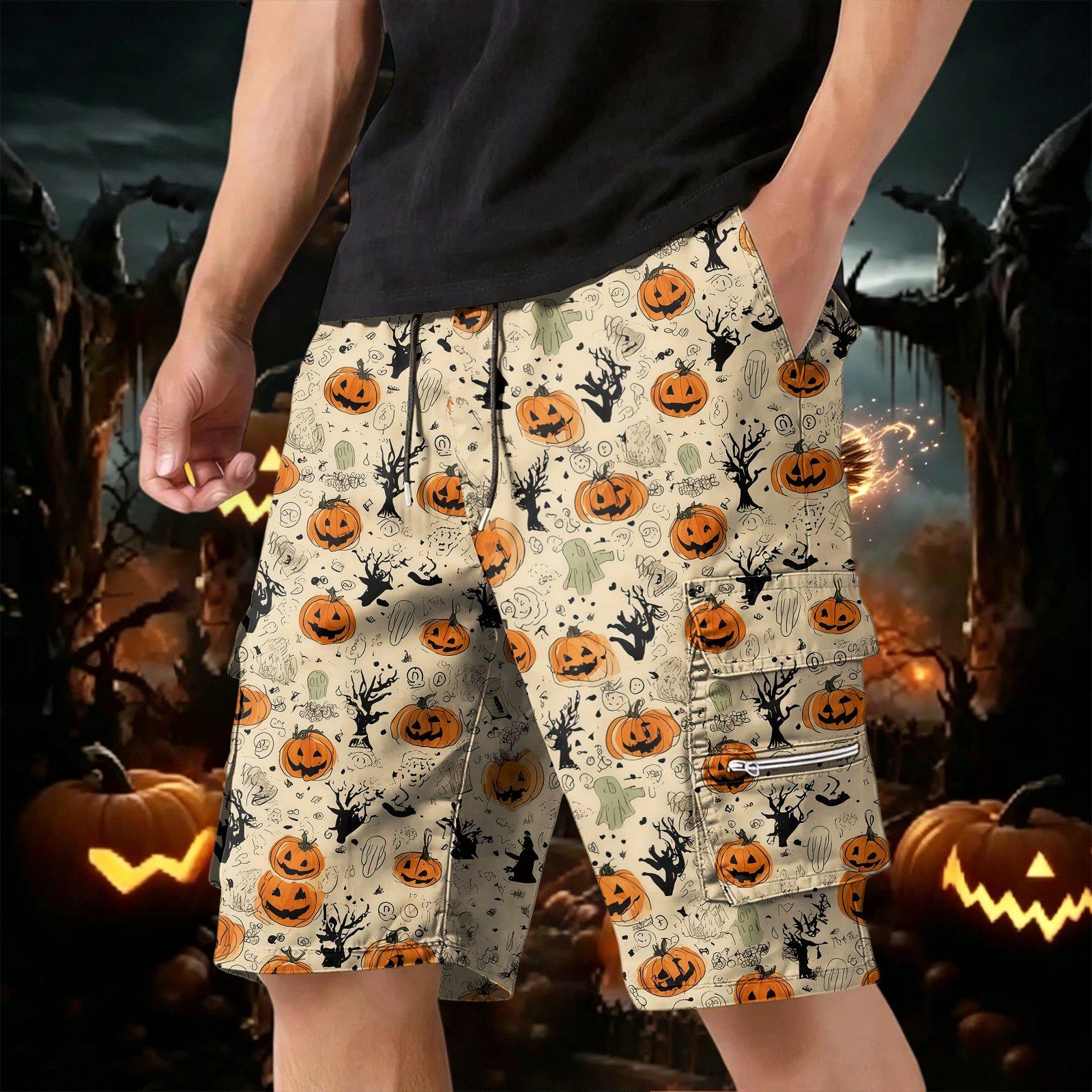 Men s Halloween Cargo Shorts Multi-Pocket Drawstring Casual Workout Shorts L