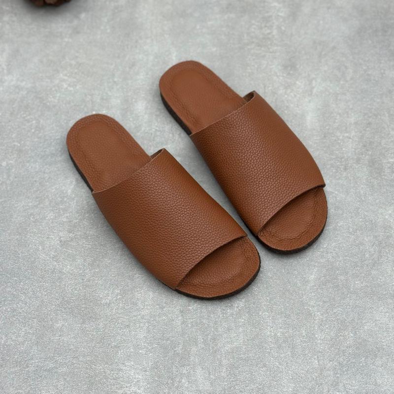 Johnature Retro Genuine Leather Flat Slippers Leisure Versatile Peep Toe Soft Sole Women's Outdoor Slides