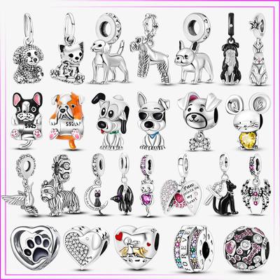 New 925 Sterling Silver Cute Cat Dog Charm Paw Print Pendant for Original Charms DIY Bracelet Black Cat Bead Gift Women Jewelry