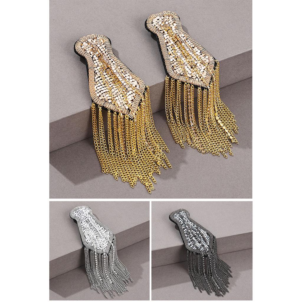 Punk Styles Bead/Rhinestone Epaulets Easy Install Pin Epaulettes with Tassels Metal Chain for Stage Costume Dress Decors