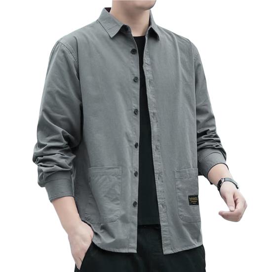Men Autumn Shirt Double Pockets Solid Color Long Sleeves Turn-down Collar Loose Warm Single-breasted Casual Korean Style Autumn Tops for Daily Wear
