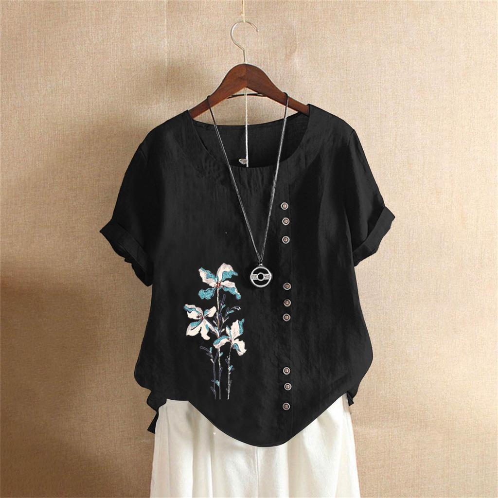 Women Cotton Linen Floral Boho Tops T Shirt Summer Short Sleeve Loose Blouse Tee Clothing