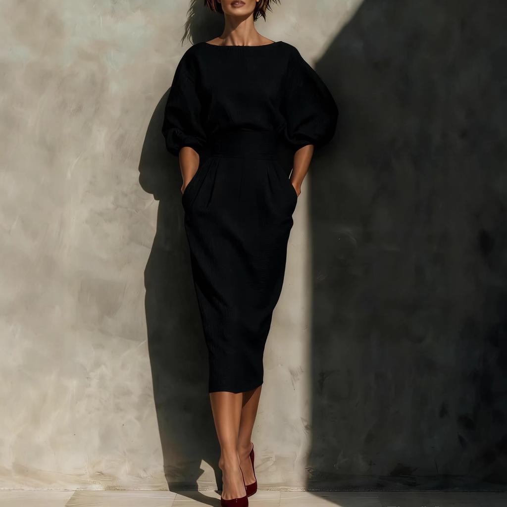 Frühlings- und Herbst-Französisches Retro-Elegantes Kleid, U-Boot-Ausschnitt Ballonärmel Mittlere Taille Faltenrock, Außenhandels-Bestseller