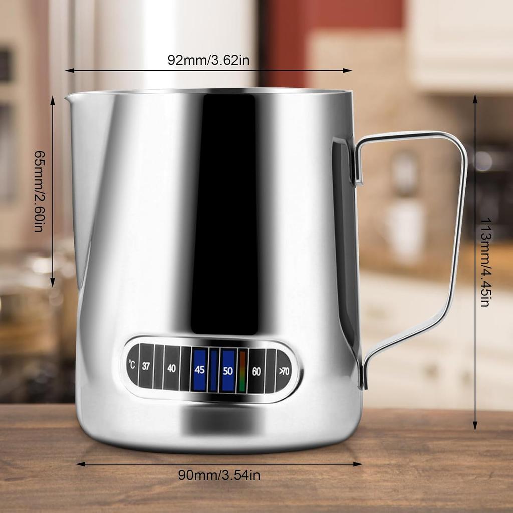 Milk Frothing Pitcher 600ml Stainless Steel Coffee Milk Frother Steamer Cup Foam Making with Thermometer for Making Espresso Cappuccino Latte Hot