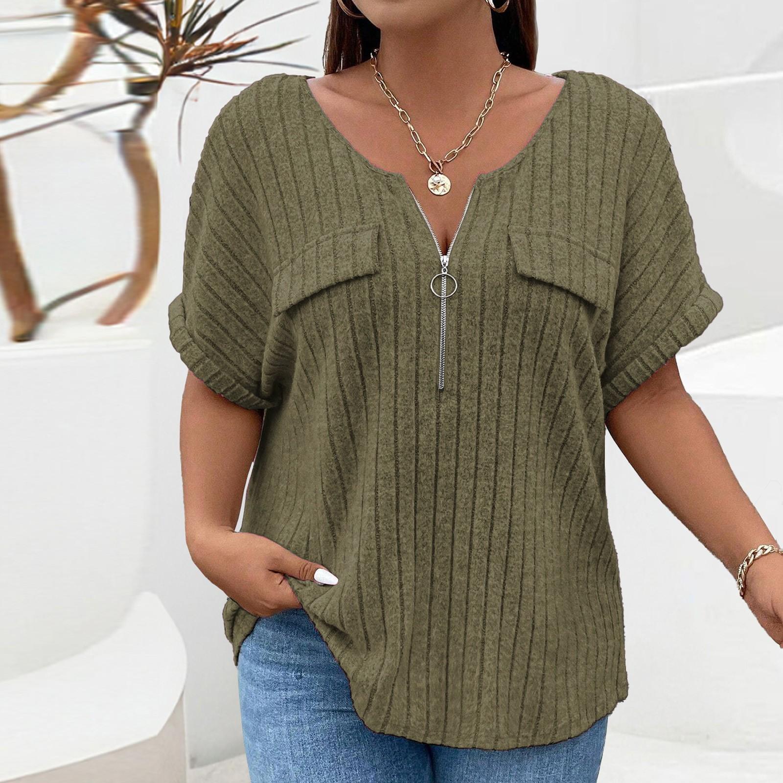 Женская свободная однотонная футболка большого размера с застежкой-молнией и короткими — фото 4