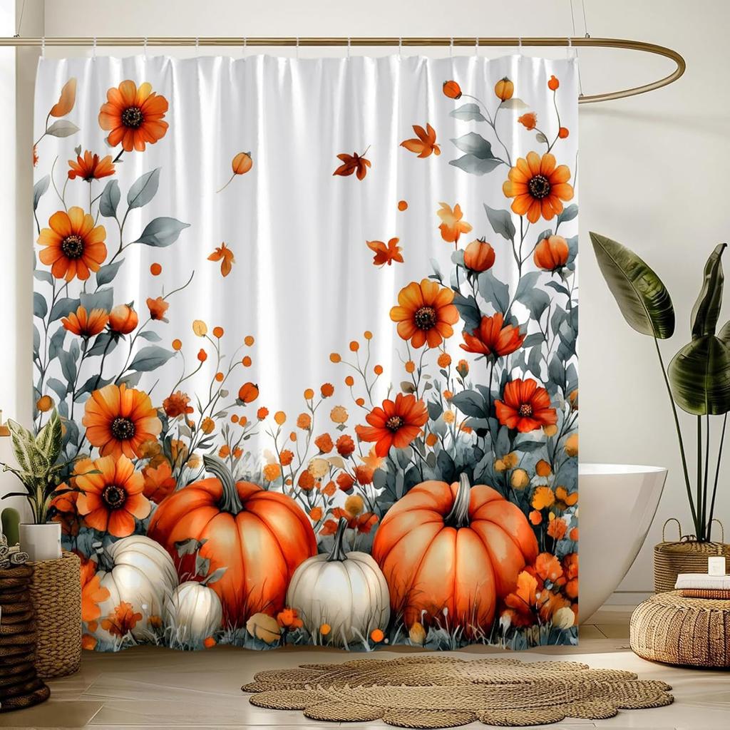 Thanksgiving Pumpkin Shower Curtain Orange Flower Butterfly Fall Pumpkin Watercolor Leaves Rustic Nature Autumn Fabric Bathroom