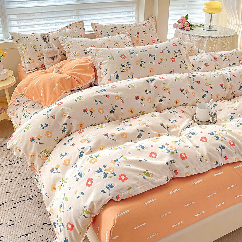 Class A Maternal Infant Grade Small Fresh Pure Cotton Abraded 4-Pcs Set, Skin-Friendly Bed Sheet Washed Cotton Quilt Cover, Dormitory 3-Piece Set