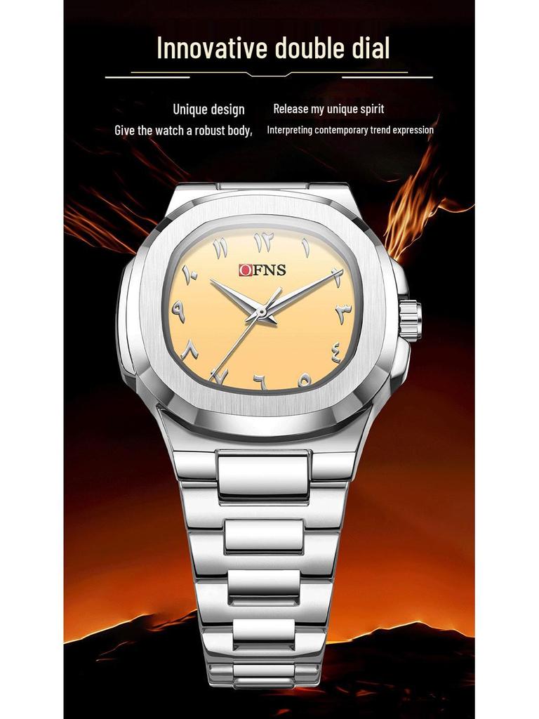 OFNS Men's Double Dial Quartz Square Watch - 30M Waterproof with Arabic Numerals, Ideal for Casual and Business Wear