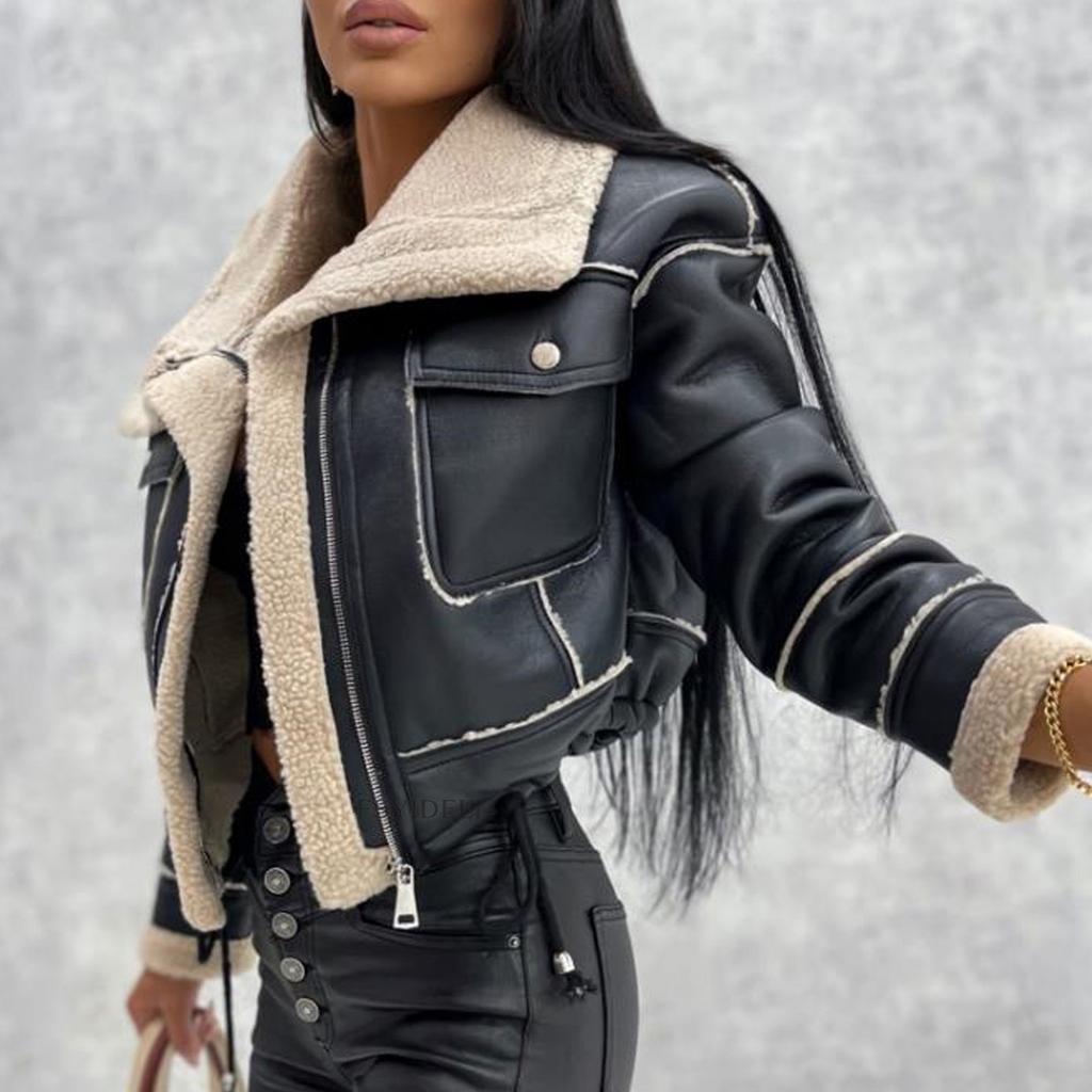 Autumn and Winter Jacket Lamb Wool Short Jacket Zipper Motorcycle Style PU Leather Jacket Top Women