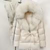 Herbst- und Winter-Locker geschnittene Schnür-Dicke Kapuzen-Daunenjacke Damen Retro Vielseitig Natürlicher Echter Fuchsfellkragen Jacke