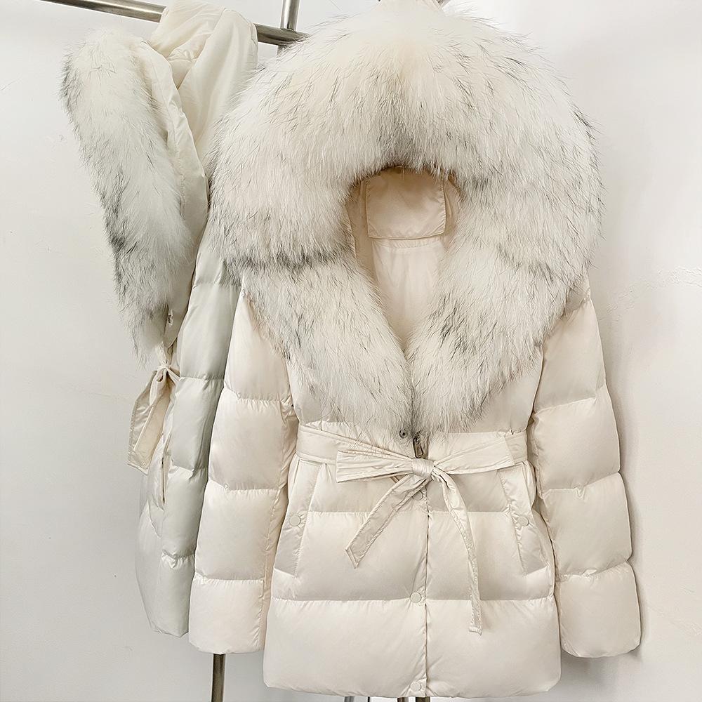 Herbst- und Winter-Locker geschnittene Schnür-Dicke Kapuzen-Daunenjacke Damen Retro Vielseitig Natürlicher Echter Fuchsfellkragen Jacke