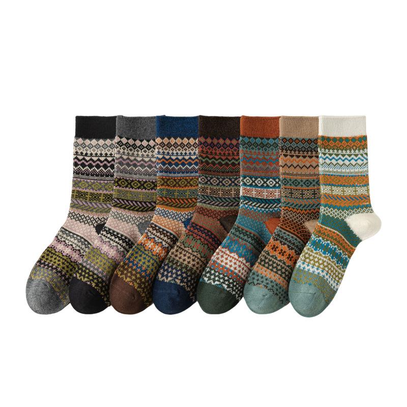 5 Pairs of Women's Spring and Autumn Vintage Ethnic Style Trendy Mid Calf Stackable Socks