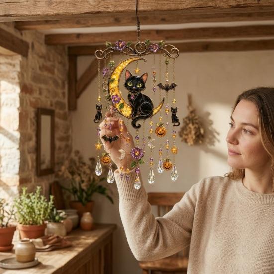 Seasonal Party Hanging Decor Halloween Wind Chime, Colorful Bird Sun Catcher, Cute Garden Ghost Windchime, Decoration for Patio Yard Faux Crystal