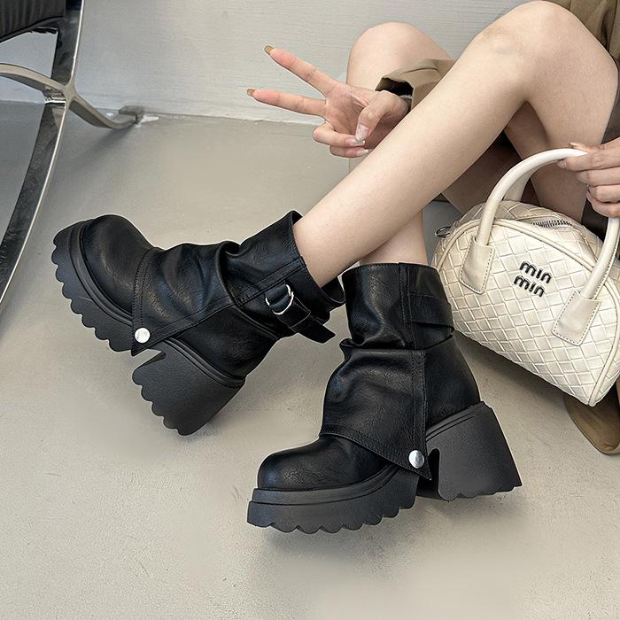 2025 New Pleated Round Head Thick-soled British Trouser Tube Boots Spring and Summer Thick Heel Fashion Boots Muffin Short Stacking Boots
