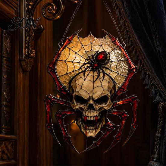Durable Halloween Home Accessories Wind Chime Skull Spider Suncatcher, Double Side Printed Acrylic Window Retro Horror Party Supplies Ornament,