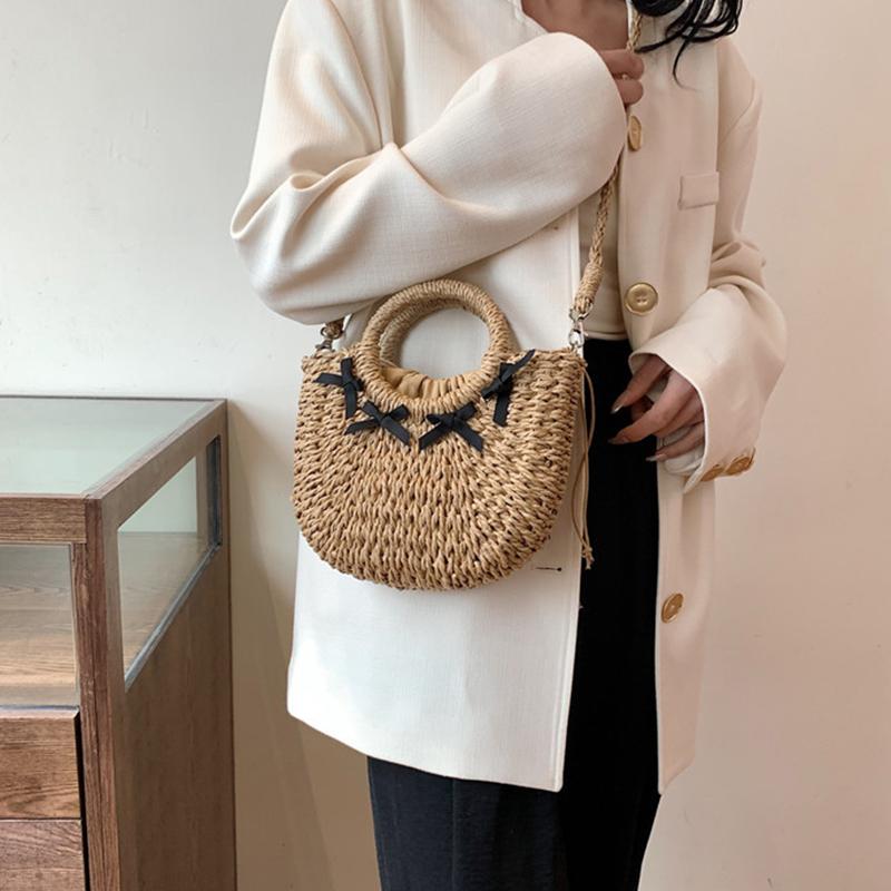 Straw Woven Bag Small Fragrant Style Sling Shoulder Crossbody Bag Hand-held Women's Bag Bow Design Beach Bag KTY