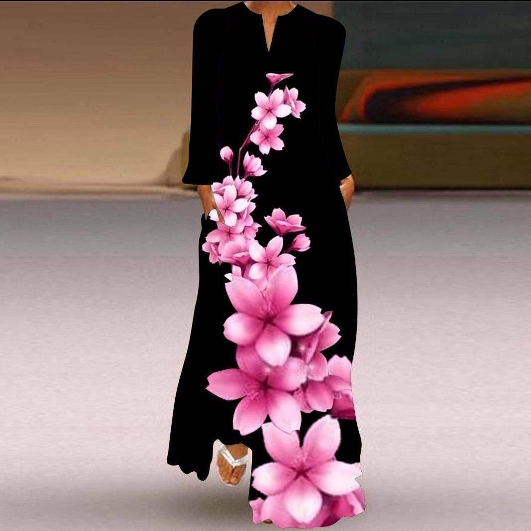 

Женская мода осень-зима цветочный принт длинный рукав V-образный вырез свободные повседневные платья XXXXXL