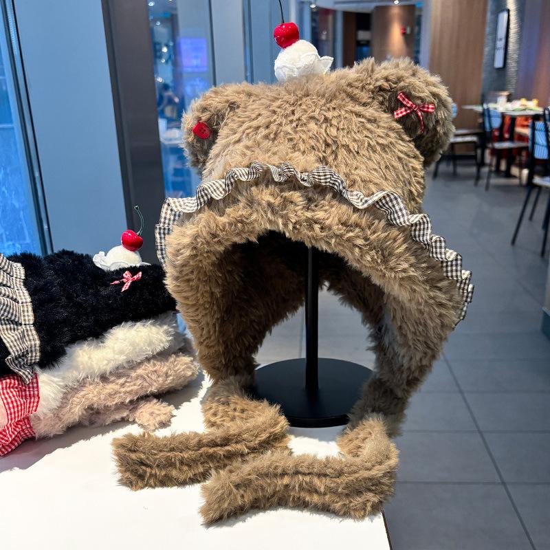 Cute cherry bear knitted plush hat female autumn and winter photo bag head ear protection hat soft waxy warm Lei Feng hat