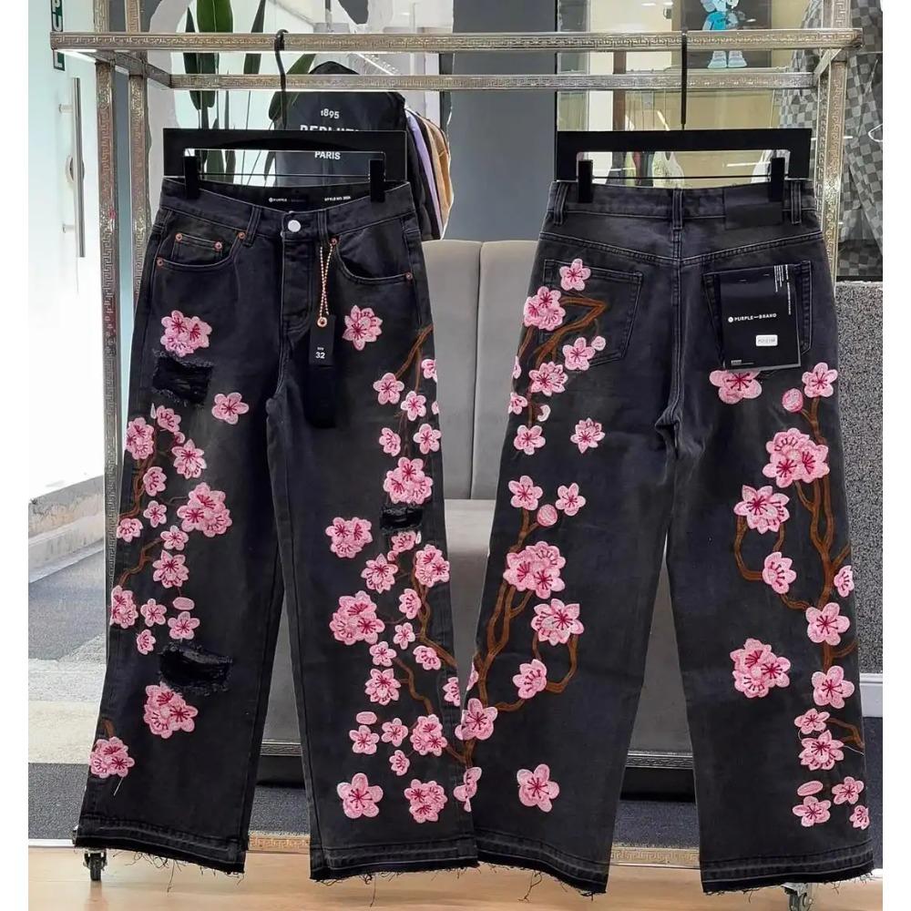 Streetwear Gotic Jeans Brodați cu Flori de Cireș Haine Y2K Bărbați Femei Hip Hop Vintage Jeans Largi cu Talie Joasă Pantaloni cu Picior Lat