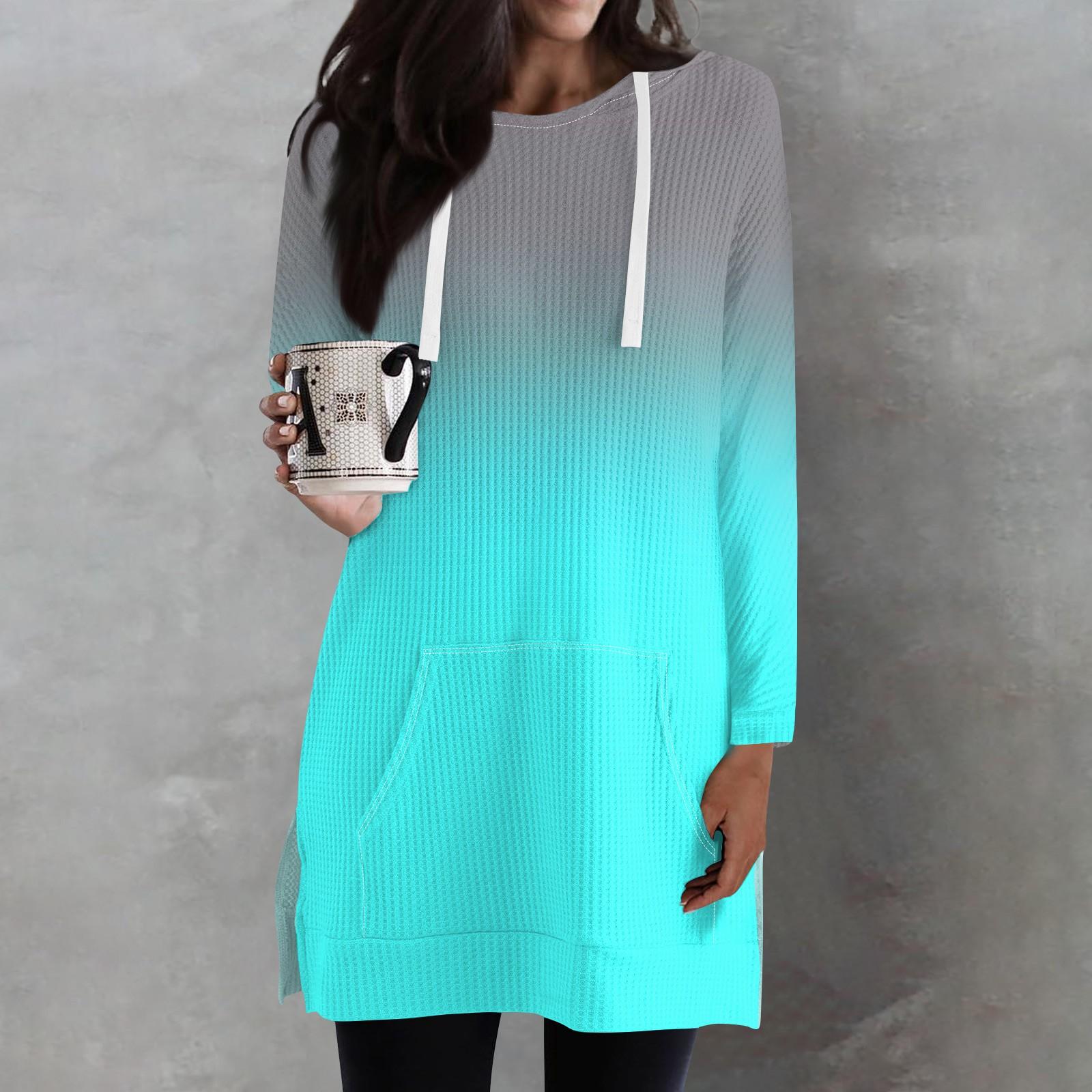 

Женские свободные рубашки с принтом, длинные рукава, толстовки с завязками, трикотажные туники с боковыми разрезами, топы с капюшоном и карманом XXXL циан