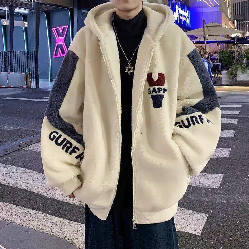 Men's Youth Lamb Plush Jacket - Warm, Thick, Hooded Cotton Coat for Teens and Students.