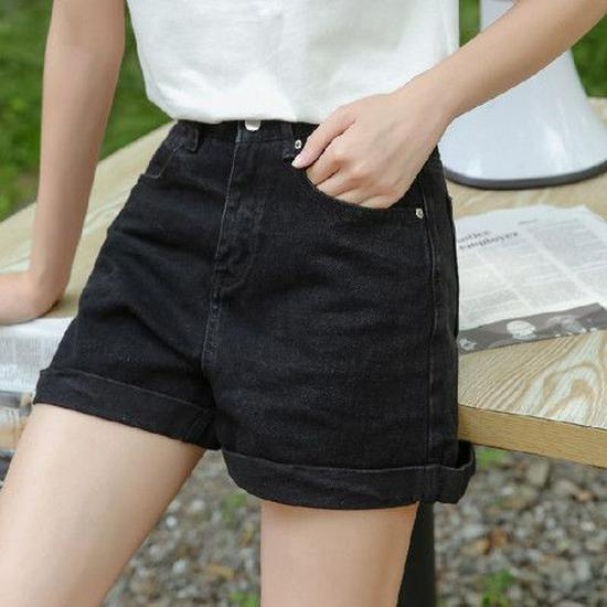 

Women s Retro High Waist A-Line Denim Shorts - Summer Loose Fit, Slimming Turn-Up Style, Trendy Wide Leg L чёрный