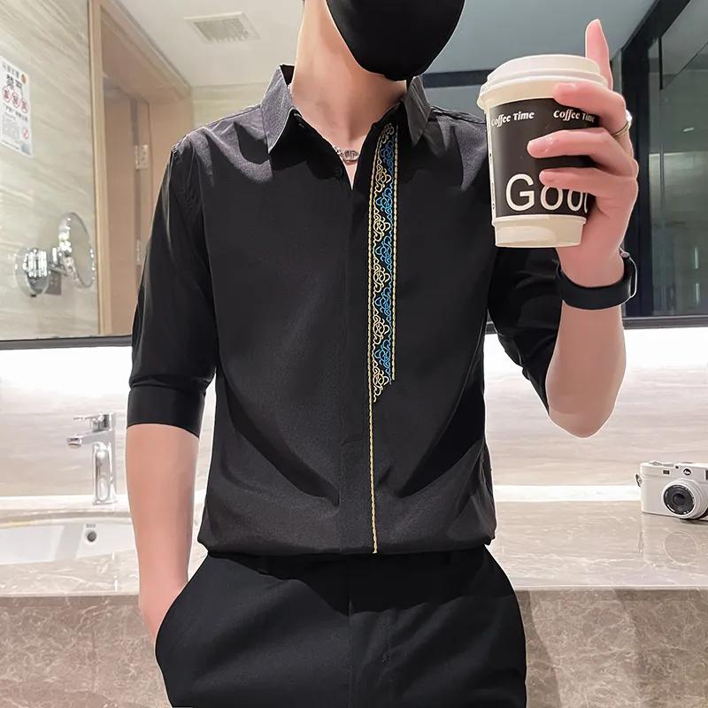

Men s Solid Color Embroidered Trim 3/4 Sleeve Dress Shirt M чорний