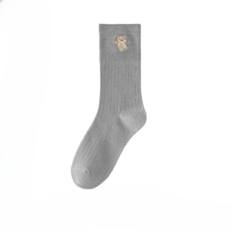 Female Spring and Autumn Bear Embroidery Bow Boneless Sweat Absorption Breathable Solid Color Tube Cotton Socks