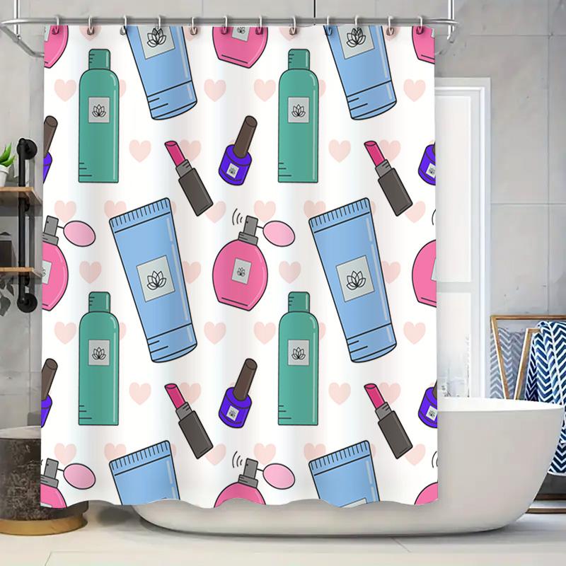 

Pink Beauty Bottles Lotion Print Shower Curtain Waterproof Decorative Bathroom Curtains Blue Green Pink Red Purple Makeup Tube S W60H190(CM)-1 Pcs
