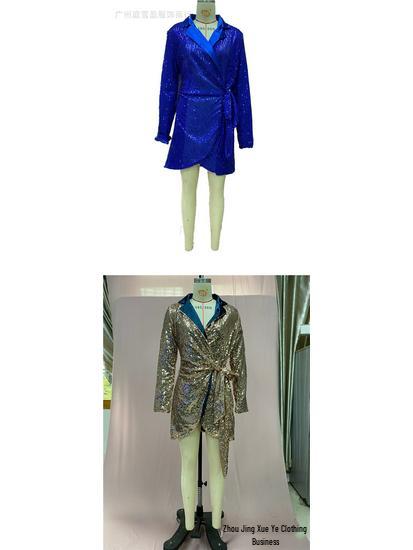European & American Ladies' Fashionable Sequin Tie-Up Dress with Waist Cinch and Lapel 