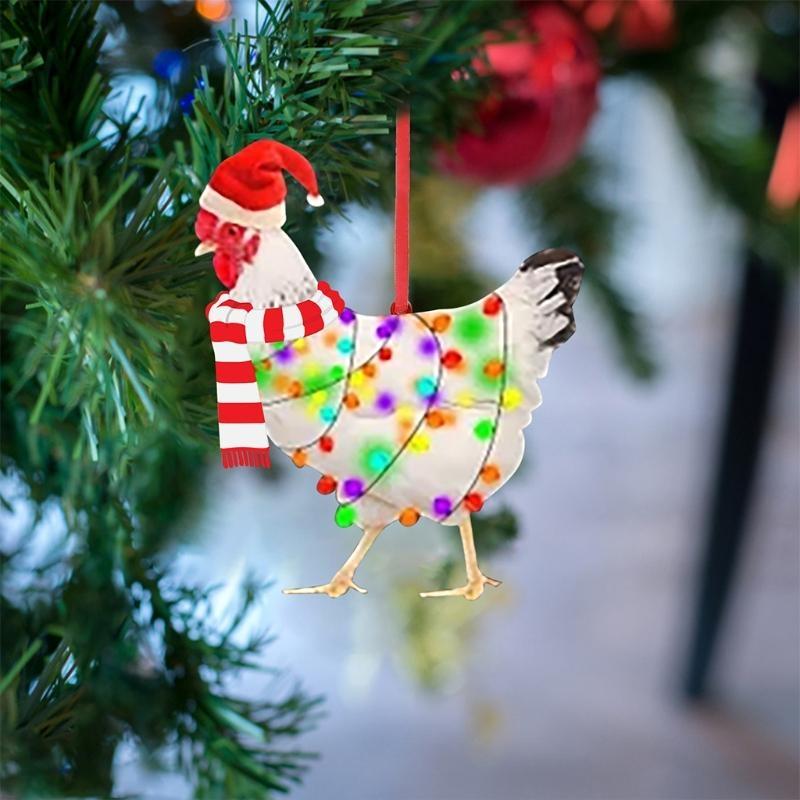 Christmas Scarf Chicken Holiday Decoration Wooden Pendant 5Pcs for Xmas Tree Home Party Front Door Wall Window Hanging Ornament