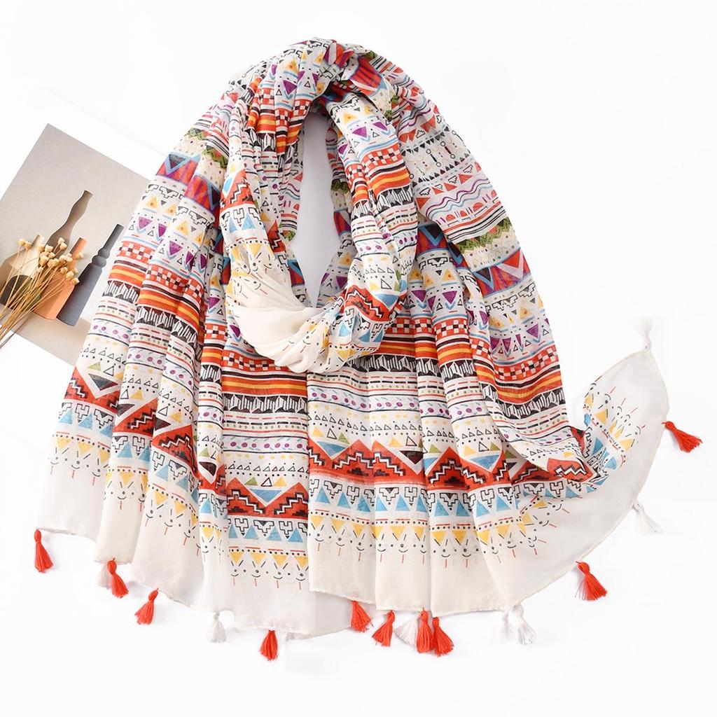 Bohemian Colorful Printed Women's Tassel Scarf - Perfect for Seaside Vacations and Sun Protection