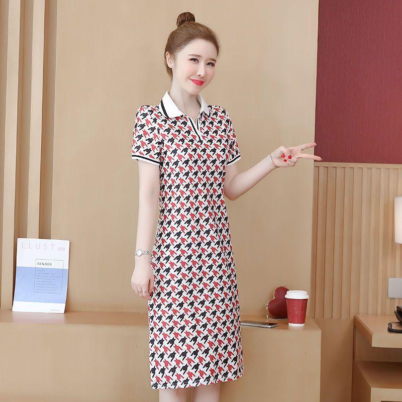 

Летние женские платья с воротником поло в корейском стиле, облегающее модное платье с короткими рукавами и принтом XXXL