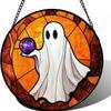 Halloween Stained Glass Pumpkin Suncatcher Adorable Ghost Design Hanging Window Decor for Indoor Outdoor Holiday Party