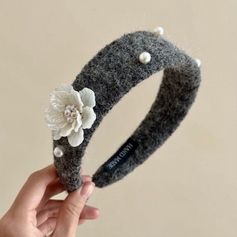 Sweet Floral Pearl Hair Hoop Korean Style Wide Edge Hairband Flocking Flower Headband  Lady