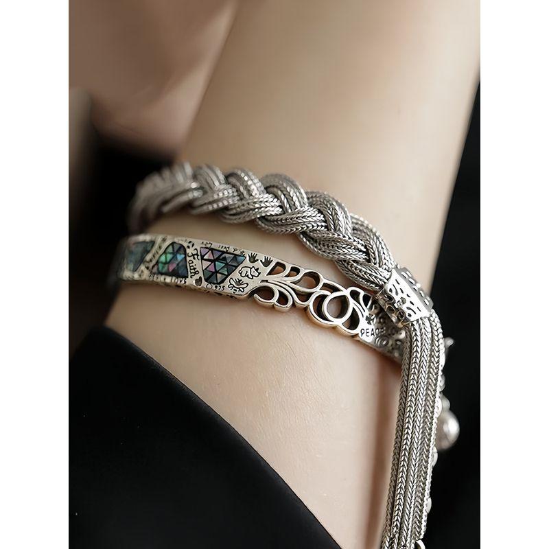 S925 Silver Cable Stitch Bracelet for Women 2025 New Arrival Special-Interest Design Mild Luxury Retro Ethnic Style Woven Tassel Carrying Strap
