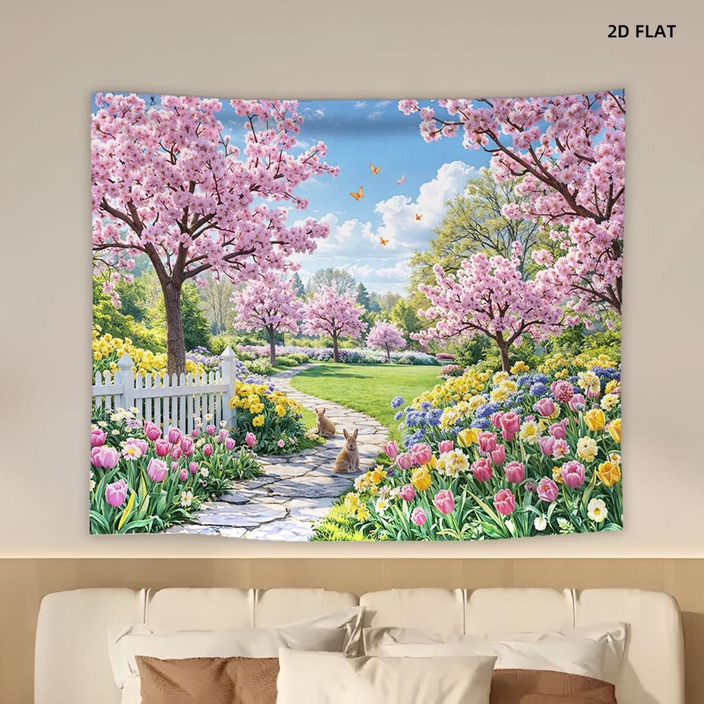 2D plane 1 cherry tree bright flowers sunny garden stone path butterflies. Suitable for living room of the room.
