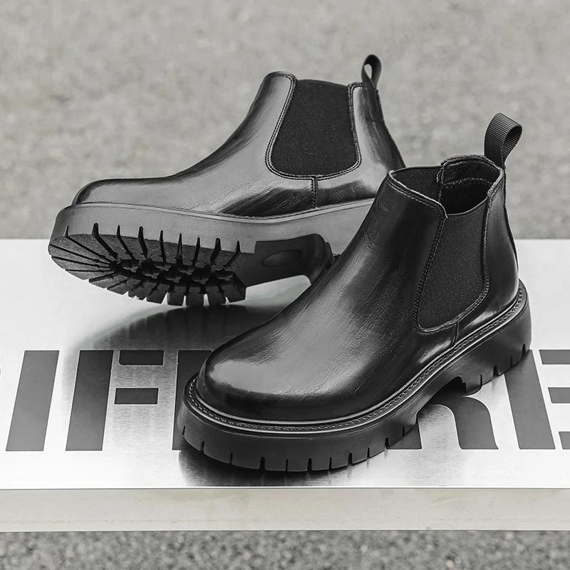 Fashion British Style Men's Street High Top Shoes Thick Soled Wear-resistant Men's Workwear Boots Versatile Black Leather Casual Shoes