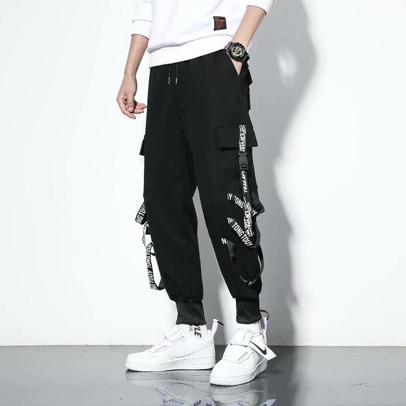 

Men s Trendy Ribbon Cargo Pants: Loose Fit Joggers with Print for Spring & Autumn. L чёрный