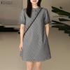 ZANZEA Women Casual Stand Collar Short Sleeve Loose Grid Print Dress