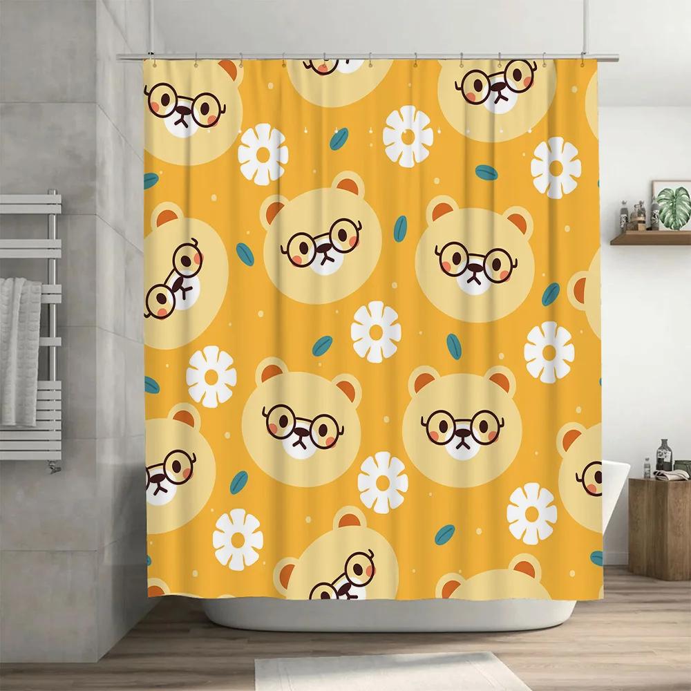 Animal Print Shower Curtain Yellow with Flowers Cartoon Dogs Eyes Glasses Home Decor Bath Rug