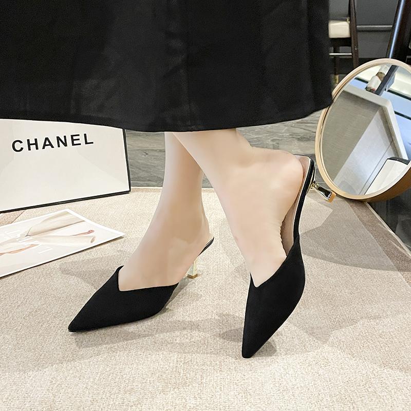 Classic Fashion Slippers for Women Slides Outside Thin High Heels Shoes for Women Solid Leather Flock Square Toe Summer Shoes