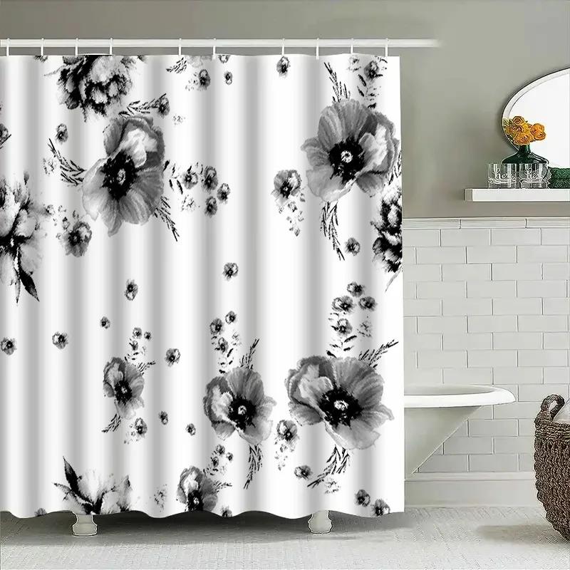 Black And White Flower Shower Curtain Waterproof Bath Mat Decorative Home Decor Bathroom Curtains For Bathtub