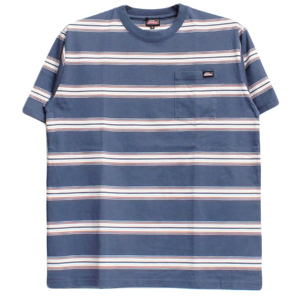 GENUINE DICKIES Men's Short Sleeve T-Shirt with Striped Ringer Logo Print, Crew Neck, Size 4L, Blue and Striped (Size 90)