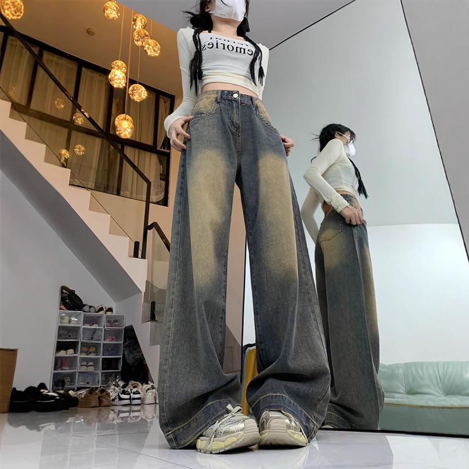 American Vintage Women's Wide Leg Jeans - Autumn 2025 Plus Size, High Waist, Floor-Length Draping Pants.