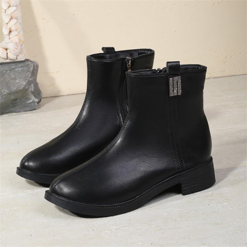 Soft leather thick heel cotton boots winter velvet thickened low heel short boots soft sole non-slip warm cotton shoes leather shoes 35 3090₽