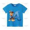 חולצת טריקו כחולה חמודה של PAW Patrol בגדי בנים מודפסת באותיות A-Z שרוול קצר אופנה מצוירת לילדים יום הולדת פעוטות חולצות כותנה מתנה